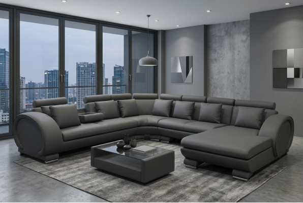 Narożnik Skóra Sofa + Kanapa USB Podkładka Siedziba Żywy krajobraz Design XXL U Shape Ustawić