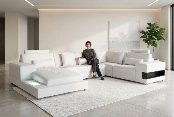 Skórzana Sofa Kanapa Żywy krajobraz Narożnik Ustawić Design Nowoczesna Sofa Kształt U z USB