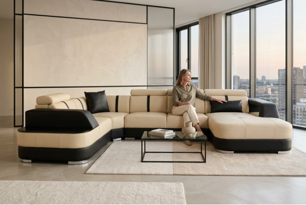 Żywy krajobraz Designer Sofa z USB Big Podkładka Skóra Sofy Narożnik Siedziba Black