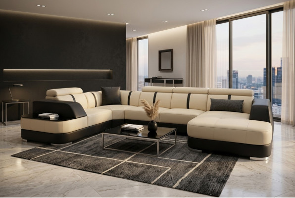 Żywy krajobraz Designer Sofa z USB Big Podkładka Skóra Sofy Narożnik Siedziba Black
