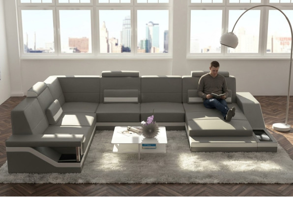 Skórzana sofa + USB Żywy krajobraz Narożnikowa kanapa Narożnik Ustaw Design Couch Sofa Hamburg