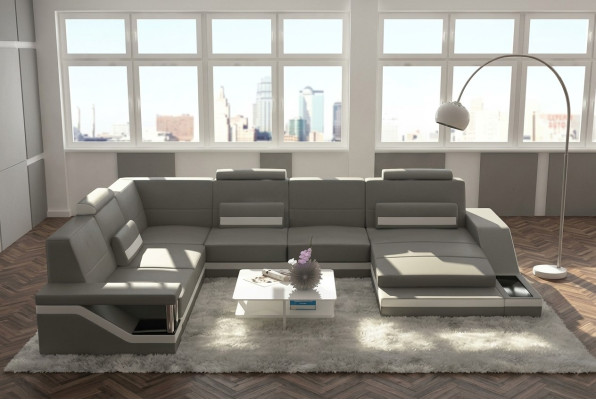 Skórzana sofa + USB Żywy krajobraz Narożnikowa kanapa Narożnik Ustaw Design Couch Sofa Hamburg
