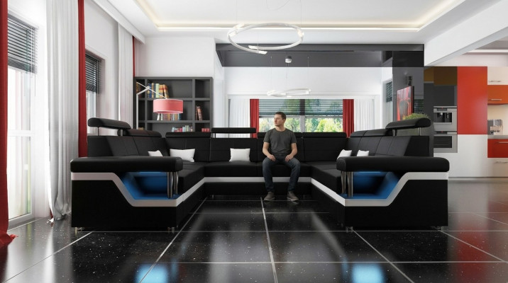 Skórzana sofa z USB Big XXL Couch Narożnikowa kanapa Żywy krajobraz Couch Podkładka Siedziba LED