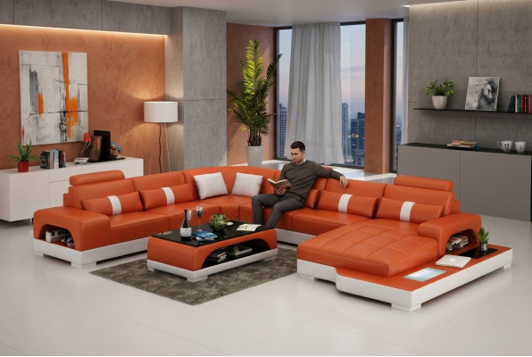 Skórzana sofa kanapa Żywy krajobraz Narożnik kanapa Narożnik Ustaw Design Nowoczesna Sofa z USB