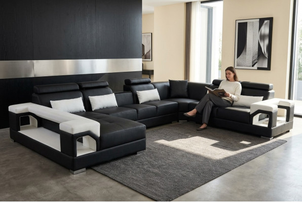 Komplet poduszek skórzana sofa Żywy krajobraz Narożnikowa kanapa Ustawić Modern Sofa USB