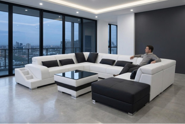 Skóra Narożnik Sofa Żywy krajobraz Ustawić Design Nowoczesne kanapy Sofy USB LED Stołek