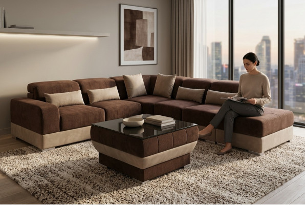 Skóra Narożnik Sofa Żywy krajobraz Ustawić Design Couch Sofy USB LED Brązowy + Tabela