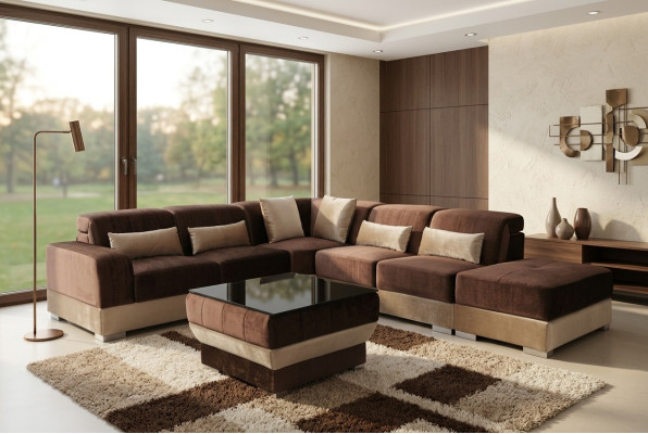 Skóra Narożnik Sofa Żywy krajobraz Ustawić Design Couch Sofy USB LED Brązowy + Tabela
