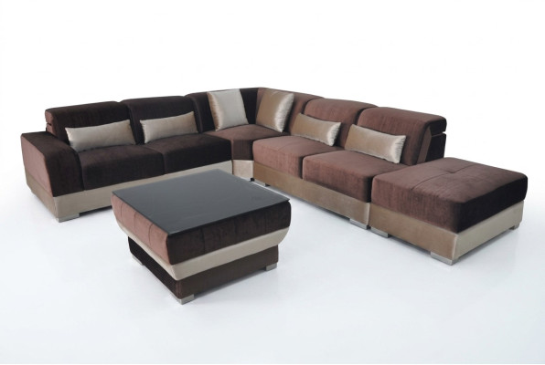 Skóra Narożnik Sofa Żywy krajobraz Ustawić Design Couch Sofy USB LED Brązowy + Tabela