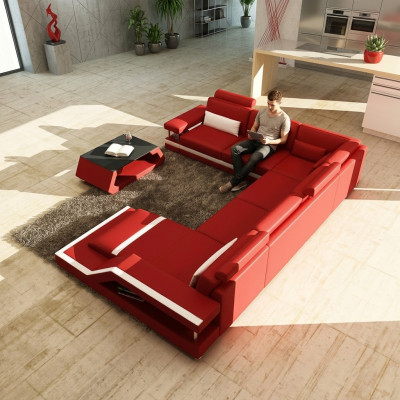 Żywy krajobraz Duża nowoczesna skórzana sofa + USB Opatentowana NOWOŚĆ Designerska sofa Narożnikowa kanapa