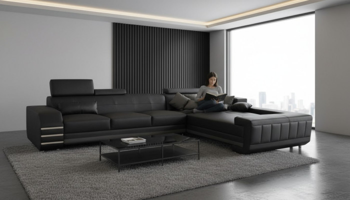 Narożnik Skóra Sofa + Podkładka USB Siedziba Ustaw Żywy krajobraz Design XXL L Kształt Narożnik