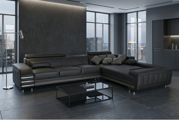 Narożnik Skóra Sofa + Podkładka USB Siedziba Ustaw Żywy krajobraz Design XXL L Kształt Narożnik