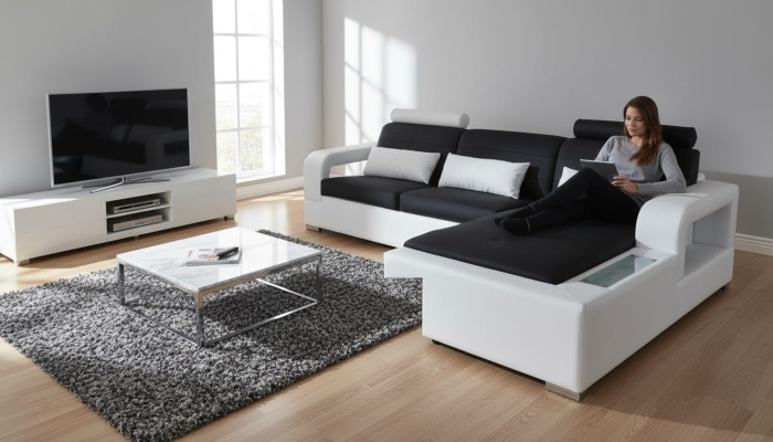 Skórzana sofa z USB Żywy krajobraz Narożnik Ustawić Design Nowoczesna Sofa L-Shape L6008