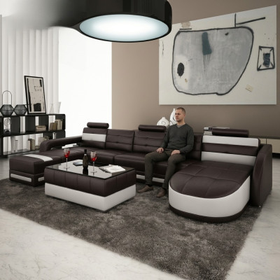 Skórzana sofa z USB Narożnikowa kanapa Projektant Żywy krajobraz Sofa Kanapa Siedziba Kształt U