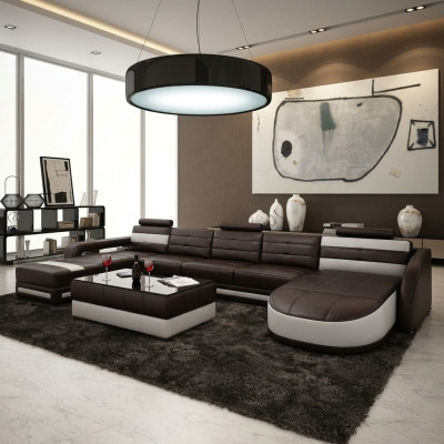 Skórzana sofa z USB Narożnikowa kanapa Projektant Żywy krajobraz Sofa Kanapa Siedziba Kształt U