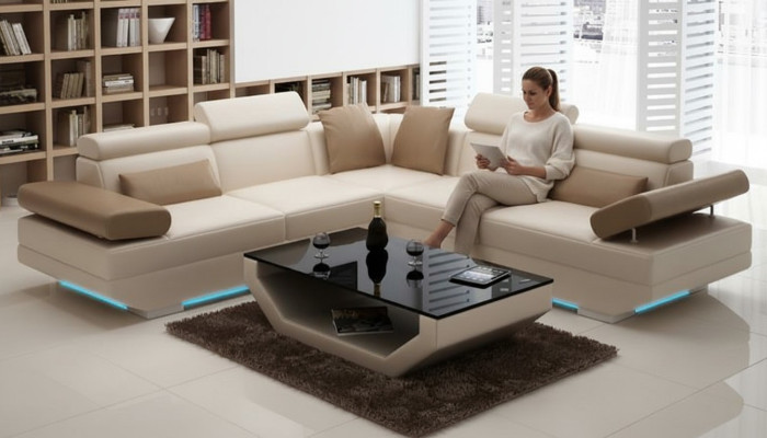 Skórzana sofa sofa z USB Żywy krajobraz Narożnikowa kanapa Ustawić Design Modern Sofa