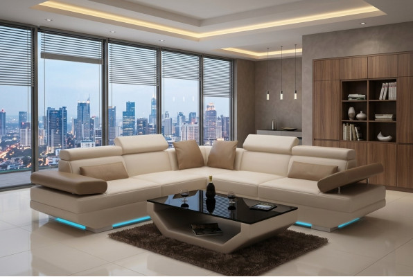 Skórzana sofa sofa z USB Żywy krajobraz Narożnikowa kanapa Ustawić Design Modern Sofa