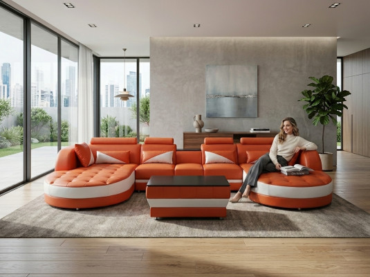 Nowoczesna Skóra Sofa Narożnik Podkładka Salon Narożnikowa kanapa U Shape Żywy krajobraz USB