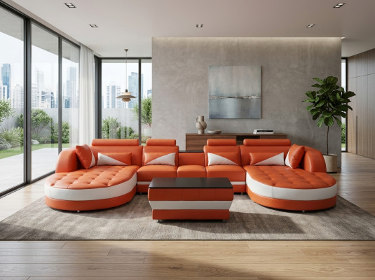 Nowoczesna Skóra Sofa Narożnik Podkładka Salon Narożnikowa kanapa U Shape Żywy krajobraz USB