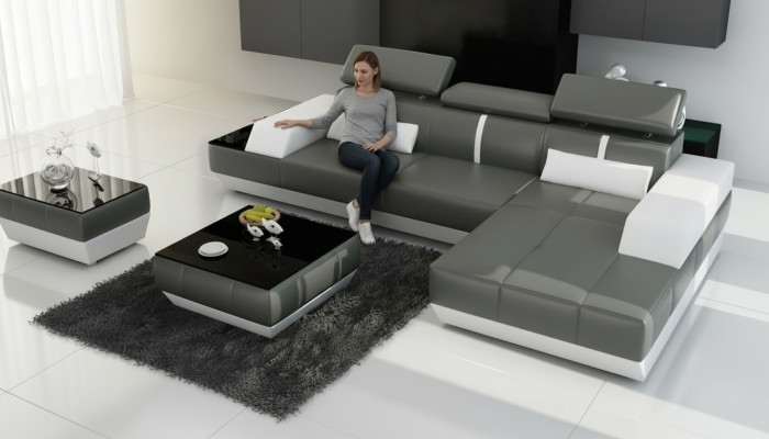 Skórzana sofa sofa z USB,Żywy krajobrazu Narożnikowa kanapa Ustaw Design Modern Sofa K5015C