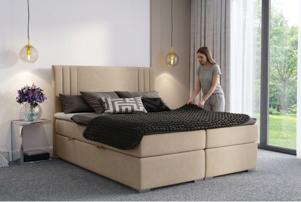 Boxspring Łóżko Hotel Double Beige Włókienniczy Luksusowe łóżko Podkładka Box Function