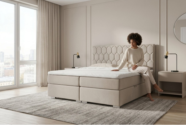 Boxspring Łóżko Hotel Luksusowe łóżko Podkładka Function Box Beżowy Podwójny 180x200