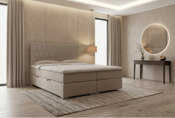 Boxspring Łóżko Hotel Luksusowe łóżko Podkładka Function Box Beżowy Podwójny 180x200