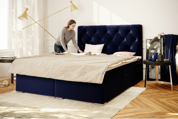Boxspring Łóżko Hotel Double Blue Włókienniczy Luksusowe łóżko Podkładka Podstawa łóżka Funkcja