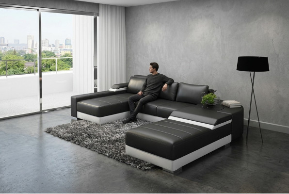 Narożnik kanapa Narożnik Sofa z USB Podkładka Skóra Ustawić Żywy krajobraz Couch Bellenberg