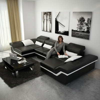 Skórzana sofa xxl z USB Narożnikowa kanapa Żywy krajobraz Big Couch skórzany komplet Podkładka Nowość