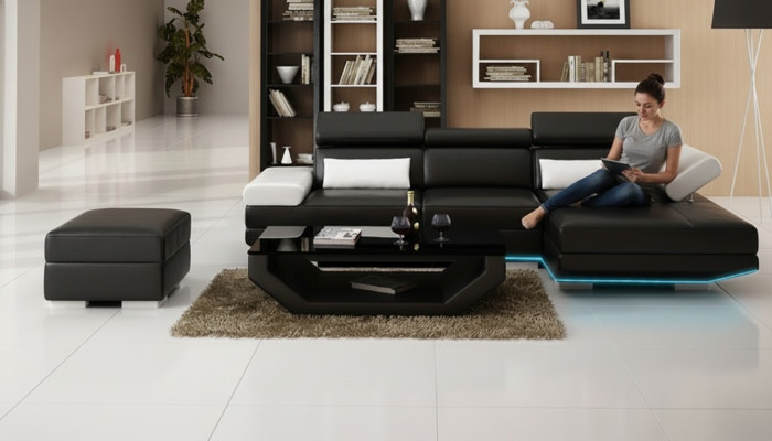Skórzana sofa w kształcie litery L + USB Żywy krajobraz Narożnikowa kanapa Ustawić Design Nowoczesna Sofa K5009D