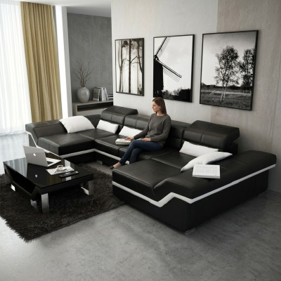 Skórzana sofa XXL z USB Narożnikowa kanapa Żywy krajobraz Big Couch skórzany komplet Podkładka Nowość