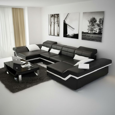 Skórzana sofa XXL z USB Narożnikowa kanapa Żywy krajobraz Big Couch skórzany komplet Podkładka Nowość