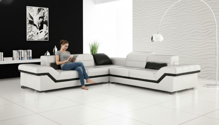 Skórzana sofa XXL Żywy krajobraz Couch Design Sofa z USB Narożnikowa kanapa Zestaw sofowy Biały