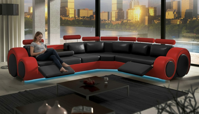 Skóra Sofa z USB Design Sofa Skórzana kanapa Żywy krajobraz Narożnik „BERLIN”