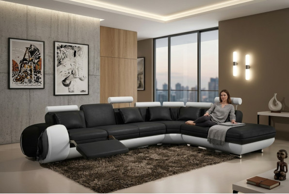 SOFA SKÓRZANA SKÓRZANA KANAPA z USB Ustawić SOFA Żywy krajobraz Czarny /Biały Kanapa Nowość
