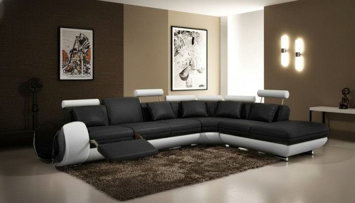 SOFA SKÓRZANA SKÓRZANA KANAPA z USB Ustawić SOFA Żywy krajobraz Czarny /Biały Kanapa Nowość