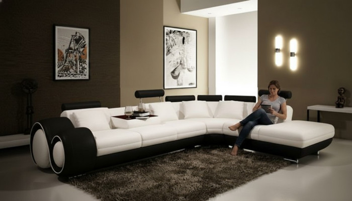 SOFA SKÓRZANA SKÓRZANA KANAPA USB Ustawić SOFA Żywy krajobraz Czarny /Biały Na wymiar