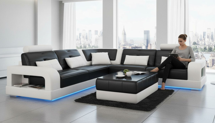 SKÓRZANA SOFA SOFA NAROŻNIK USB Zestaw sofowy DESIGN COUCH Żywy krajobraz do Wymiar
