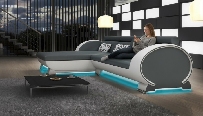 SOFA SKÓRZANA Narożnikowa kanapa Zestaw sofowy PROJEKTANTOWA COUCH BAR SOFA FUNKCYJNA z USB Podkładka
