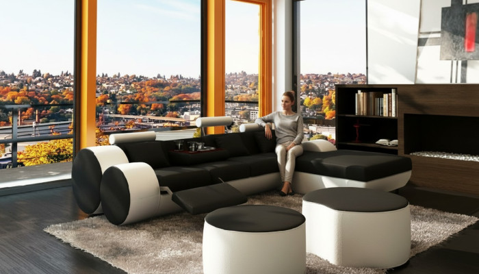 PROJEKTANT SKÓRZANA SOFA Ustawić z USB,Skóra Narożnikowa kanapa Żywy krajobraz SKÓRZANA SOFA