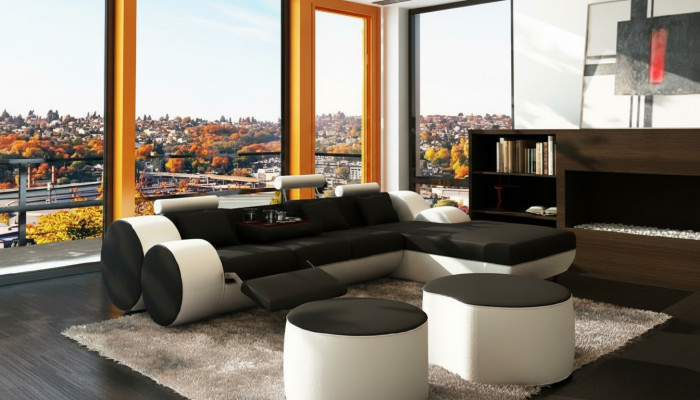 PROJEKTANT SKÓRZANA SOFA Ustawić z USB,Skóra Narożnikowa kanapa Żywy krajobraz SKÓRZANA SOFA