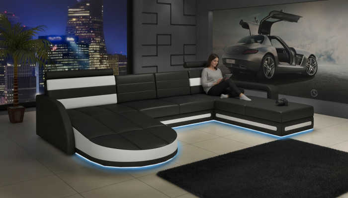 XXL Żywy krajobraz KANAPA Ustawić DESIGN NAROŻNIK Czarny SKÓRZANA SOFA z USB Nowość