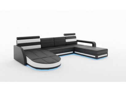 XXL Żywy krajobraz KANAPA Ustawić DESIGN NAROŻNIK Czarny SKÓRZANA SOFA z USB Nowość