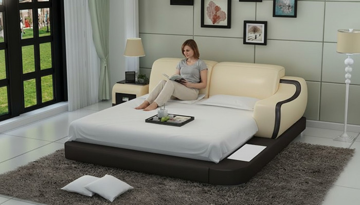 Design Łóżko XXL Duże łóżko Hotel Podkładka 200x200 Wielofunkcyjna Półka USB Skóra