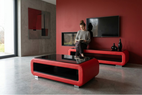 Designerski stolik kawowy Podkładka Skóra Szkło Modern Tabela CT9010 + RTV TS1010 +USB