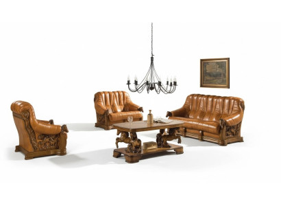 Salon Zestaw sofowy Kanapa Siedziba Sofa Skóra Drewno 3+2 Zestaw Ustawić Nowy
