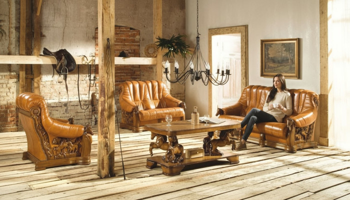 Klasyczna kanapa trzyosobowa Sofa Podkładka 100% oryginalna Skóra Drewno (ref. 2+1) Nowość