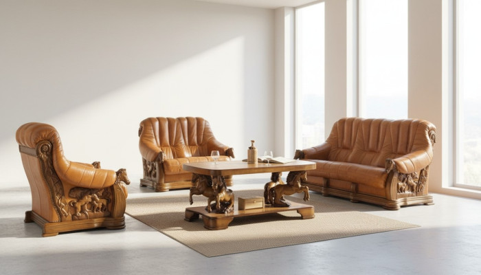 Klasyczna kanapa trzyosobowa Sofa Podkładka 100% oryginalna Skóra Drewno (ref. 2+1) Nowość