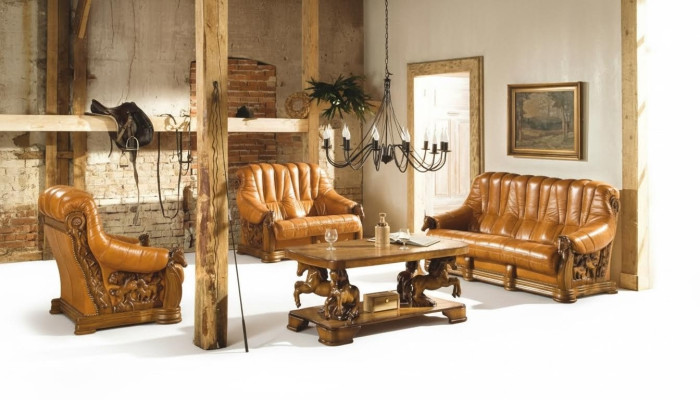 Klasyczna kanapa trzyosobowa Sofa Podkładka 100% oryginalna Skóra Drewno (ref. 2+1) Nowość